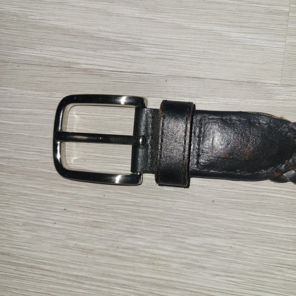 AAE Mens Black 100 Percent Genuine‎ Leather Woven Braided Belt Silver Buckle